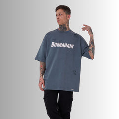 🖤 BADASS “BORN AGAIN REBIRTH” – T-Shirt Oversized Distressed LIGHT GREY