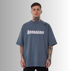 🖤 BADASS “BORN AGAIN REBIRTH” – T-Shirt Oversized Distressed LIGHT GREY