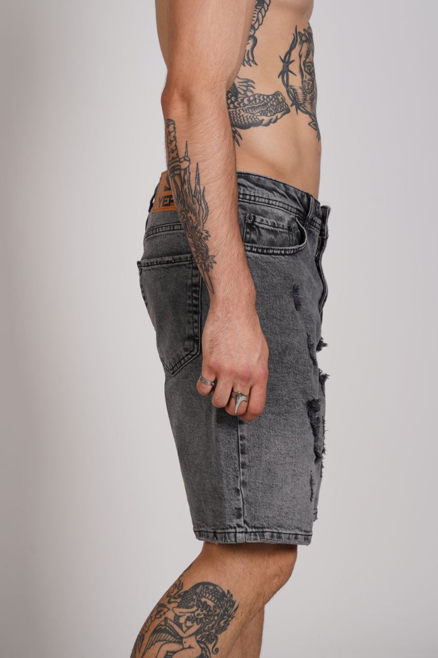 PANTALON SCURT DESTROYED DENIM GRI