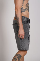 PANTALON SCURT DESTROYED DENIM GRI